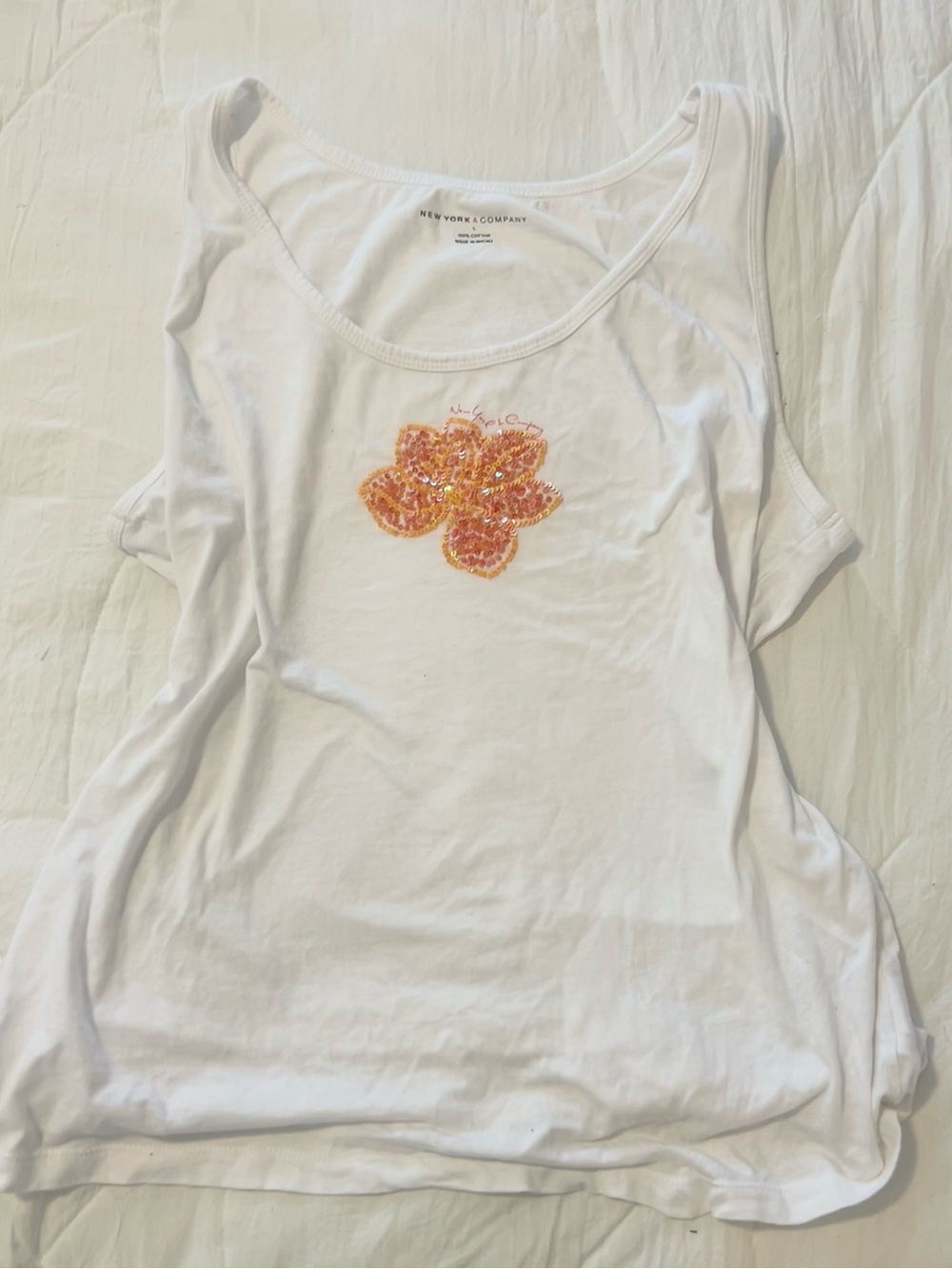New York & Company White Tank with Peach-Gold Sequin 100 percent cotton hibiscus